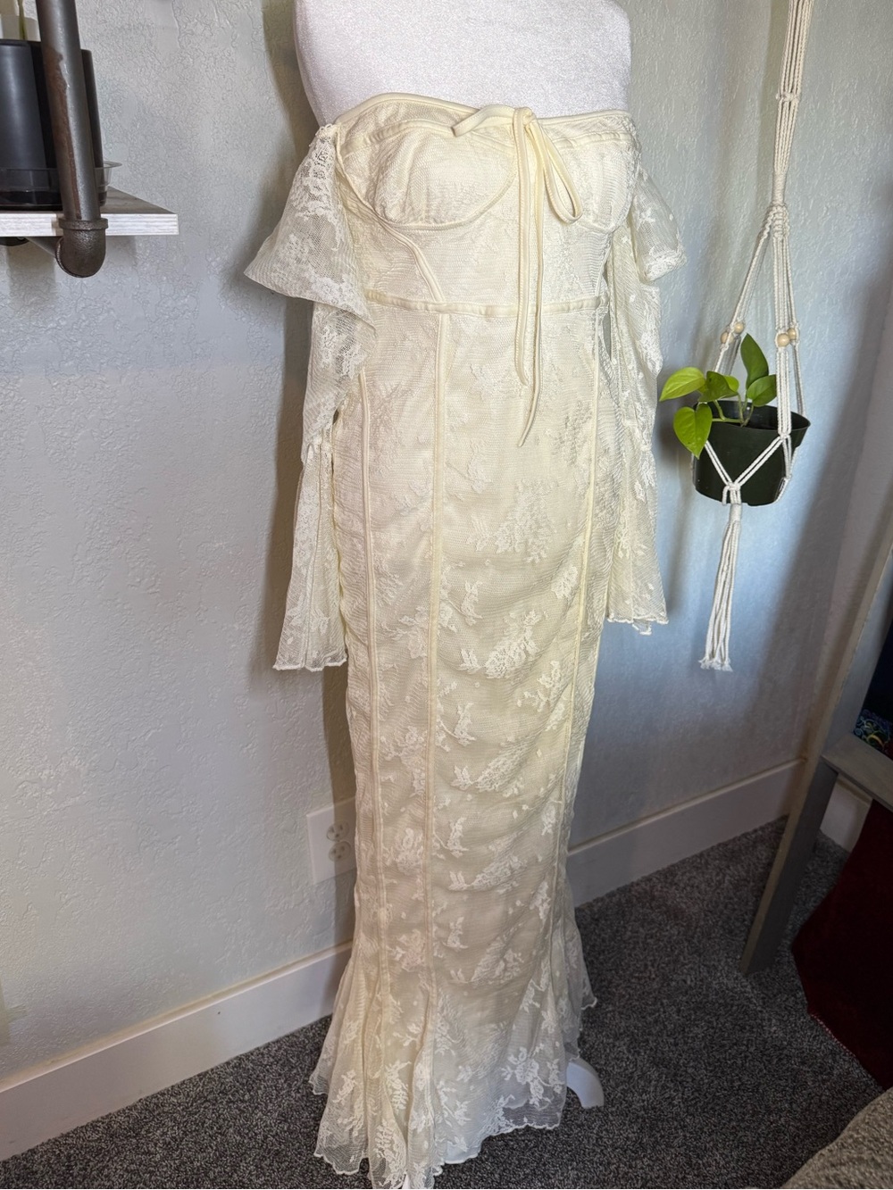 Ivory Lace Maxi Slip Dress with Delicate Floral Overlay